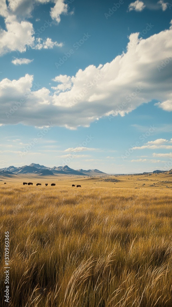 Golden grassland, distant mountains, several grazing animals. Golden grassland, distant mountains, several grazing animals.