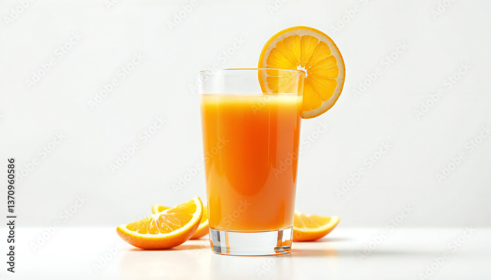 Refreshing glass of orange juice garnished with an orange slice, accompanied by fresh orange segments. Refreshing glass of orange juice garnished with an orange slice, accompanied by fresh orange segments.