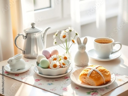 Wallpaper Mural A table with a vase of flowers, a basket of eggs, and a plate of bun Torontodigital.ca