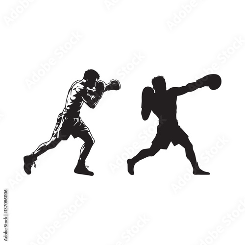Boxing Silhouettes Boxer Throwing Punch and Defensive Stance
