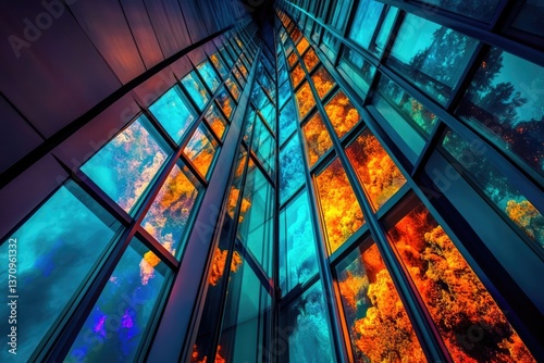 A striking architectural view of a skyscraper with vibrant orange and blue reflections in its windows.