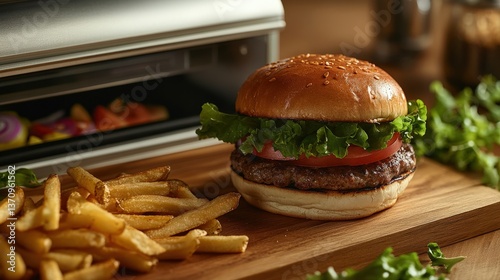 Classic comfort food: a juicy burger and crispy fries on a rustic wooden board. Delicious outdoor vibes photo