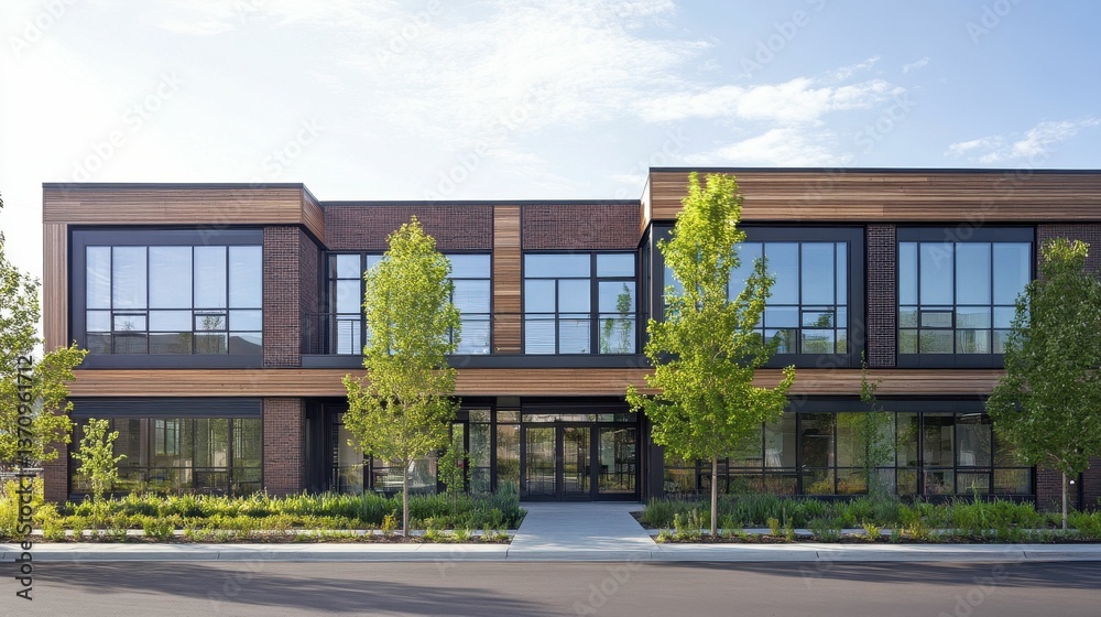 Modern building, large windows, landscaped grounds. Modern building, large windows, landscaped grounds.