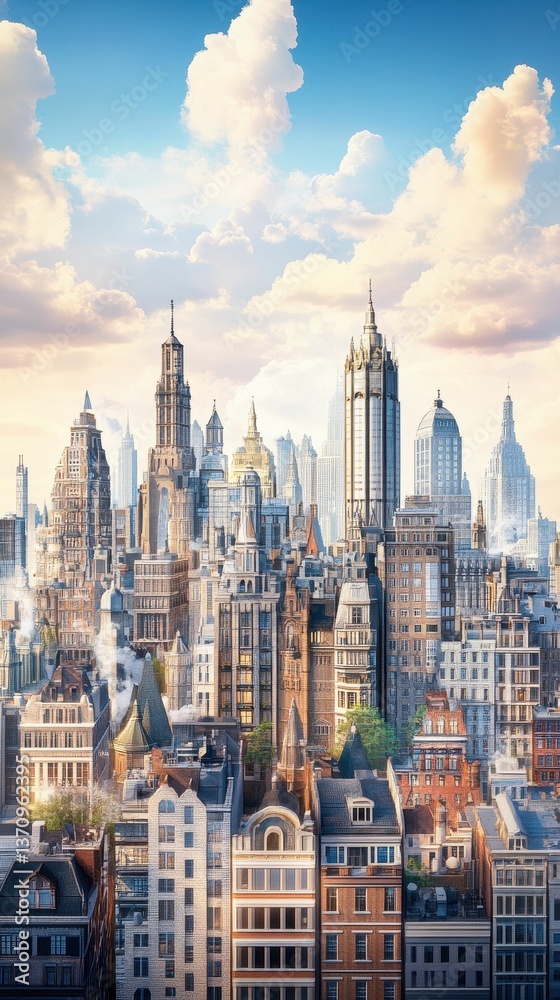 Fototapeta premium Dense cityscape, varied architecture, sunny sky.