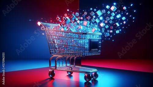 A futuristic shopping cart overflowing with digital data, symbolizing the explosion of e-commerce and online retail.
