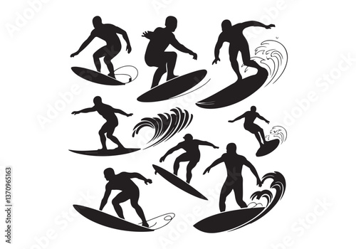 Surfer Silhouettes Surfing Action, Waves, and Athletic Movement