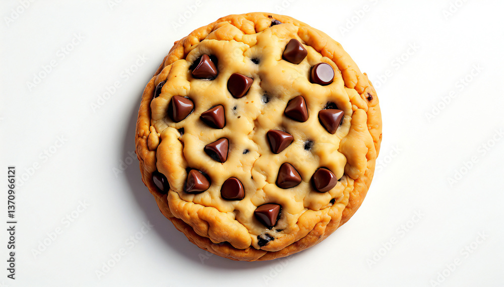 A single, delicious chocolate chip cookie, golden-brown and studded with generous chocolate chips, sits invitingly on a white background. The cookie's texture appears soft and chewy. A single, delicious chocolate chip cookie, golden-brown and studded with generous chocolate chips, sits invitingly on a white background. The cookie's texture appears soft and chewy.