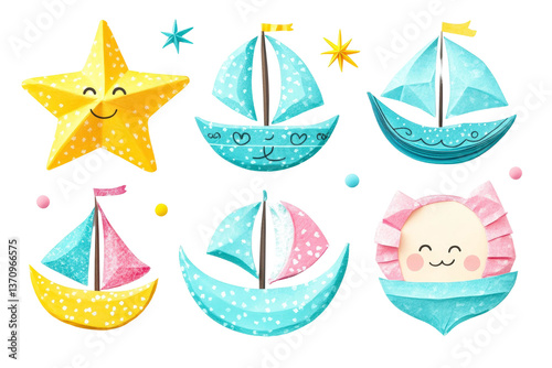 Charming and Colorful Hand-Drawn Illustrations of Whimsical Ships and Cheerful Star for Playful Design Projects and Children’s Artwork