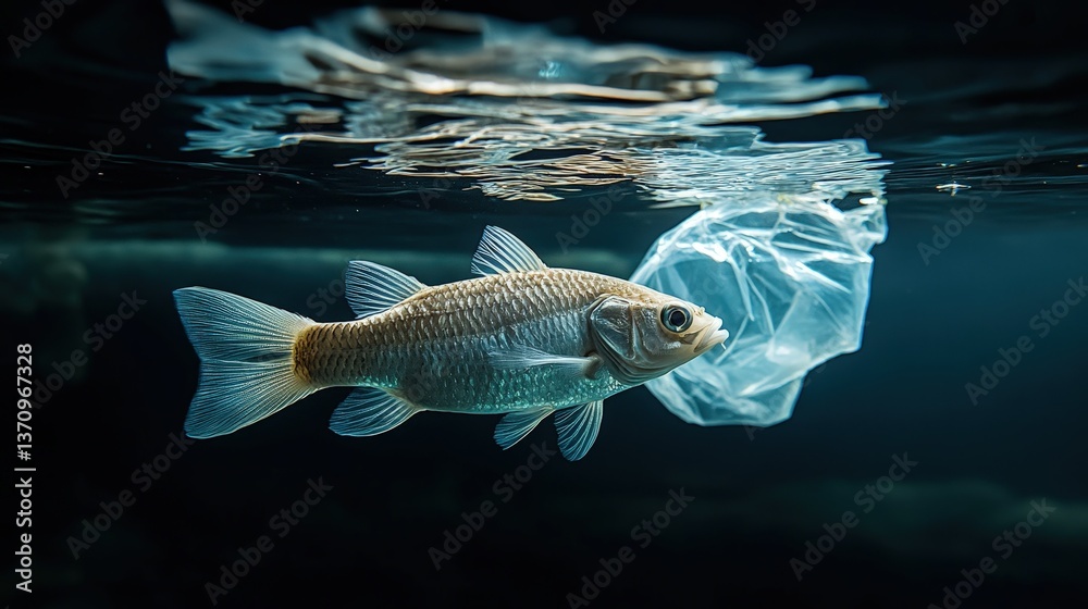 A lone fish swims amidst a troubling reflection—a plastic bag drifts on the dark water's surface. A stark reminder of pollution's impact