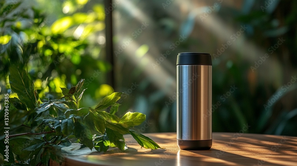 A sleek stainless steel travel mug with a matte finish, placed on a wooden table with greenery in the background, natural lighting and soft shadows A sleek stainless steel travel mug with a matte finish, placed on a wooden table with greenery in the background, natural lighting and soft shadows