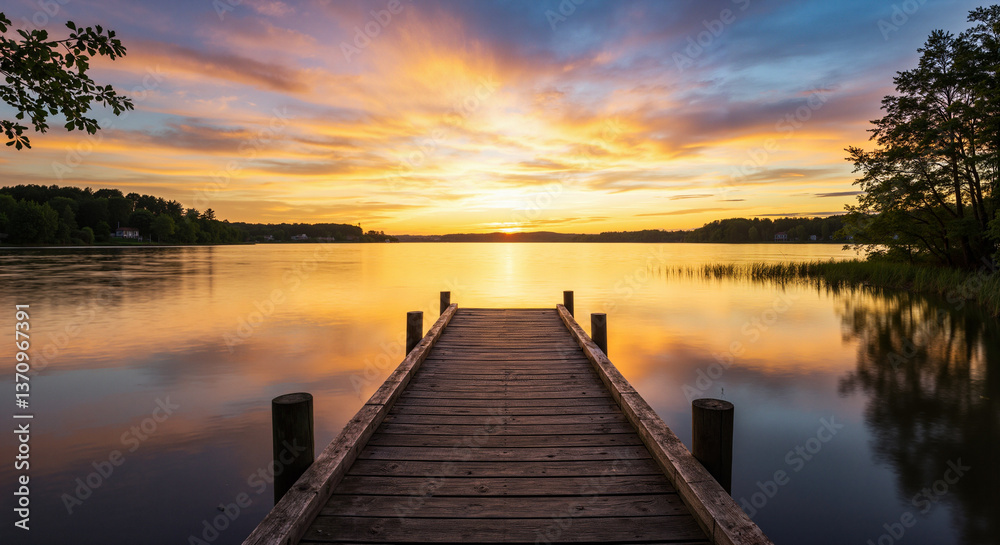 Fototapeta premium Serene sunset over calm lake with wooden dock, golden hour glow