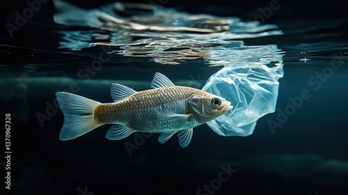 Obraz na płótnie A lone fish swims amidst a troubling reflection—a plastic bag drifts on the dark water's surface. A stark reminder of pollution's impact w salonie