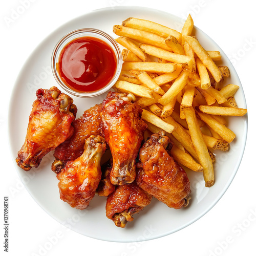 A plate of chicken wings and fries with sauce isolated on transparent background