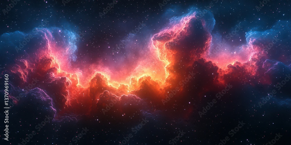 Fototapeta premium Bright cosmic nebula glowing in vibrant hues of orange, pink, and blue against a dark starry backdrop