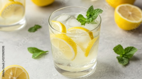 Refreshing lemonade with lemon slices, ice, and mint sprigs in a glass.