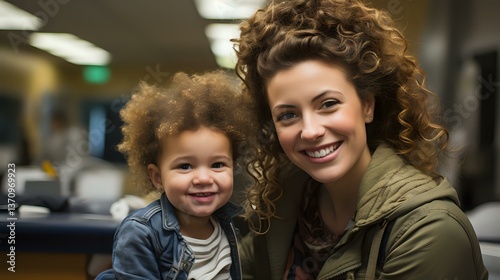 Caucasian mother with curly hair and mixed-race child with afro hair share genuine smiles in casual setting. Authentic family moment captures natural joy and connection.
