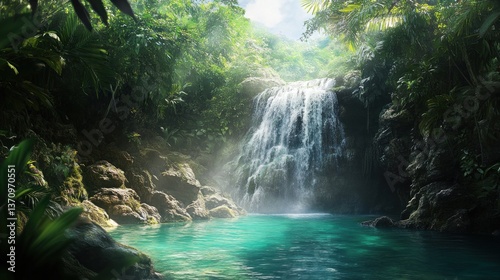 Wallpaper Mural Secluded tropical waterfall cascading into turquoise pool amidst lush foliage Torontodigital.ca