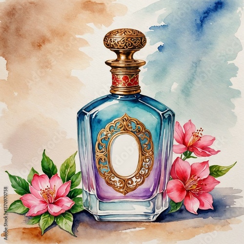Colorful glass perfume bottle surrounded by blooming flowers in a tranquil setting