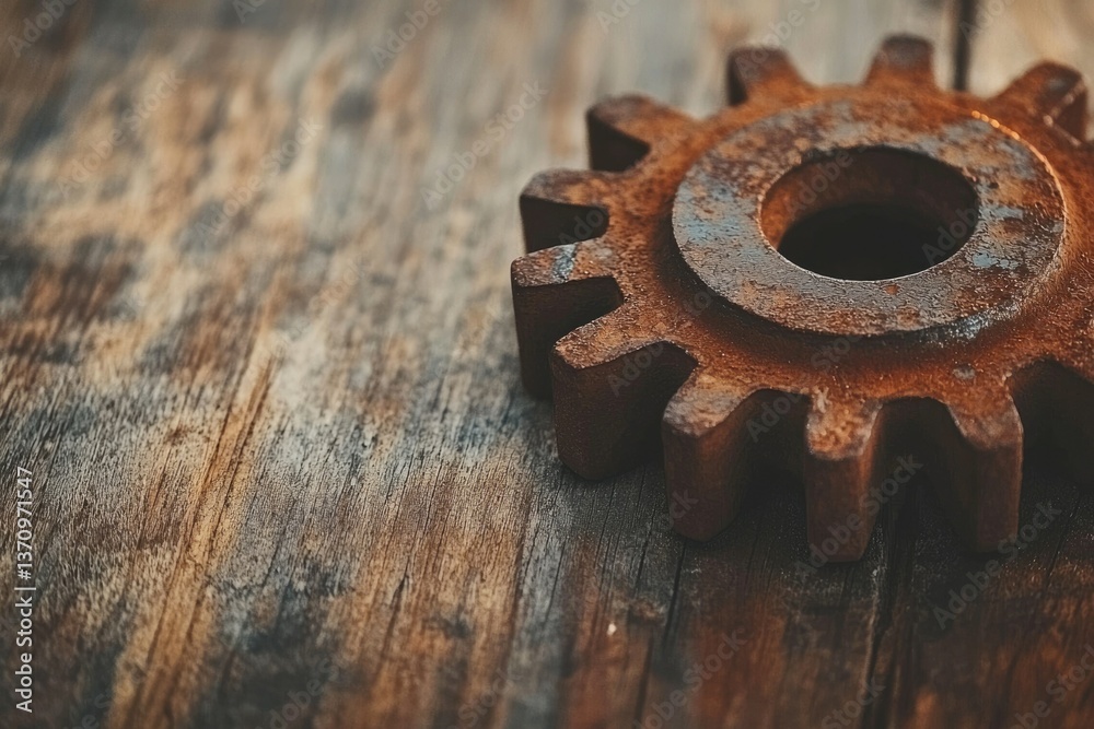 A rusted gear sits on weathered wood, its decay juxtaposed with the organic texture beneath, creating rustic, industrial aesthetic. A rusted gear sits on weathered wood, its decay juxtaposed with the organic texture beneath, creating rustic, industrial aesthetic.