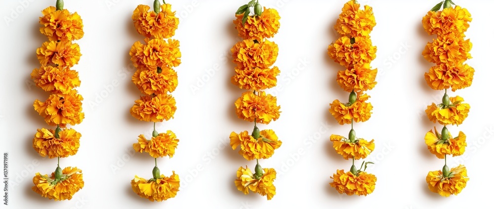 Floral Cascade: Five vertical rows of vibrant marigold flowers hang elegantly against a background, their bright orange petals creating a mesmerizing display of botanical beauty.