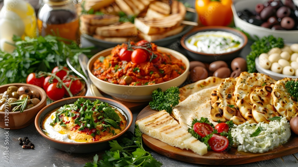 A Mediterranean mezze platter featuring hummus, tzatziki, olives, grilled halloumi, pita bread, and fresh herbs, creating a warm and inviting dining experience A Mediterranean mezze platter featuring hummus, tzatziki, olives, grilled halloumi, pita bread, and fresh herbs, creating a warm and inviting dining experience