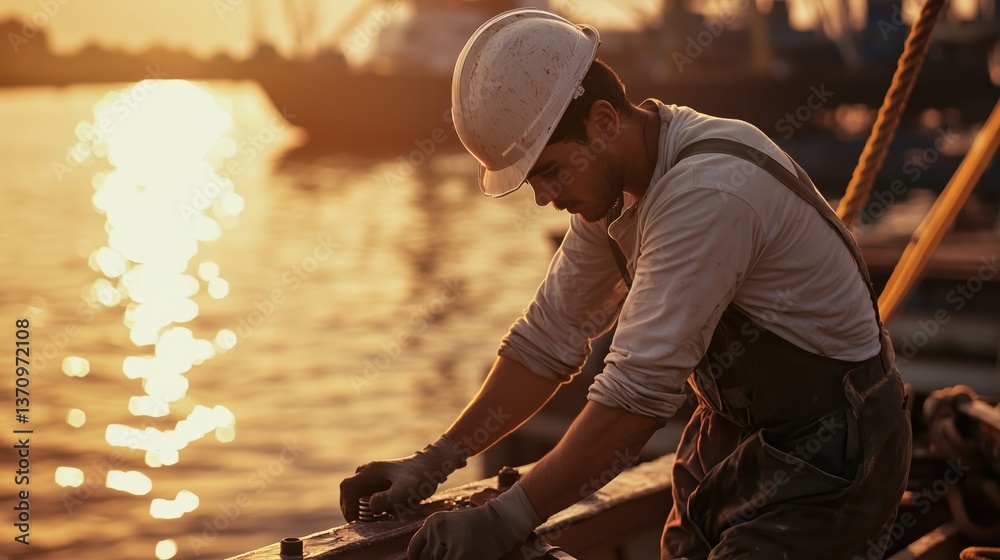 Fototapeta premium A worker tightening bolts on a ship deck in warm light