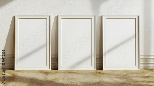 Three Empty White Picture Frames On Beige Wooden Floor In Sunlight