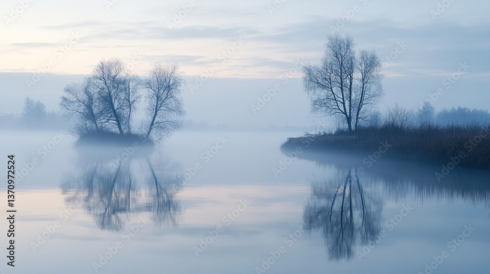 Ethereal dawn scene: Foggy riverbank with tree silhouettes mirroring in water Ethereal dawn scene: Foggy riverbank with tree silhouettes mirroring in water