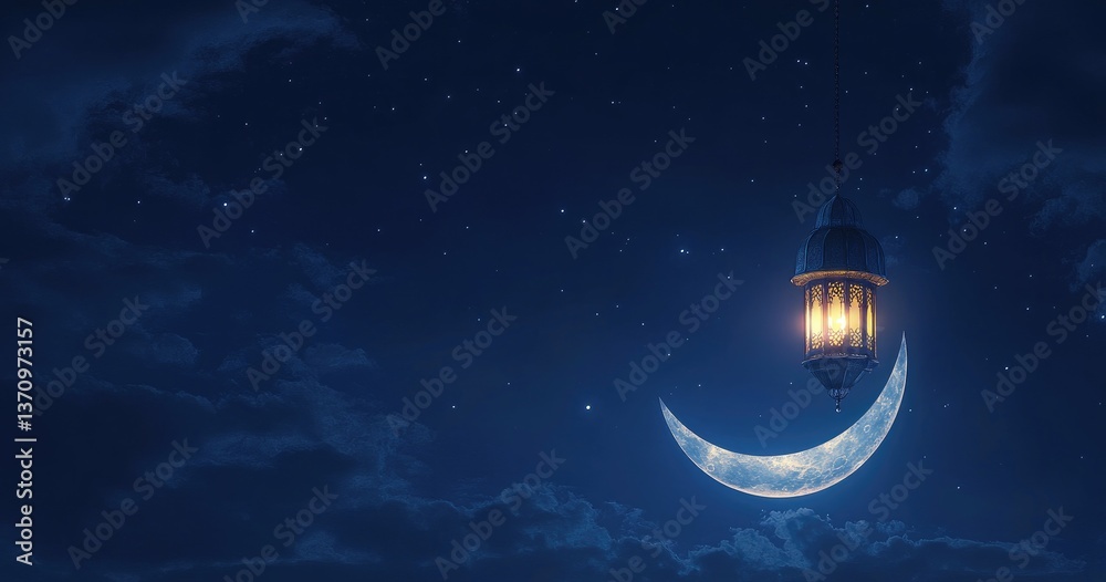 Naklejka premium Eid Mubarak and Ramadan Kareem greetings with an Islamic lantern, clouds, and a mosque.