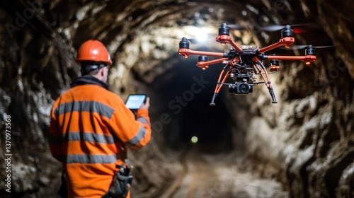 Drone inspection operation at a mine, inspecting with a digital tablet in hand