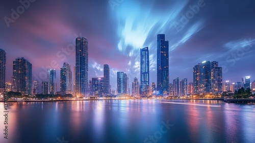 Long exposure of moving clouds urban skyline photography evening aerial view high fidelity