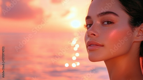 Soft coral hues of a dreamy sunset glow: A beautiful woman with smooth glowing skin gazes at the horizon surrounded by pastel pink and coral tones reflecting off the ocean. q2
