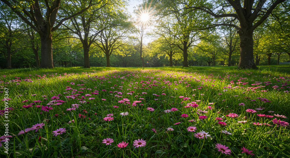 custom made wallpaper toronto digitalSerene Sunlit Meadow Pink Flowers Lush Grass and Majestic Trees in a Tranquil Park