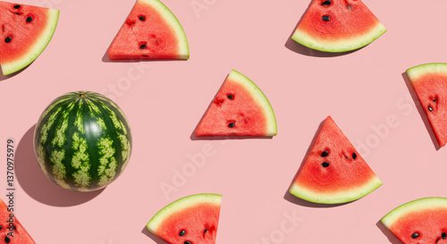 Juicy Watermelon Slices and Whole Fruit on Pink Background Summer Food Pattern