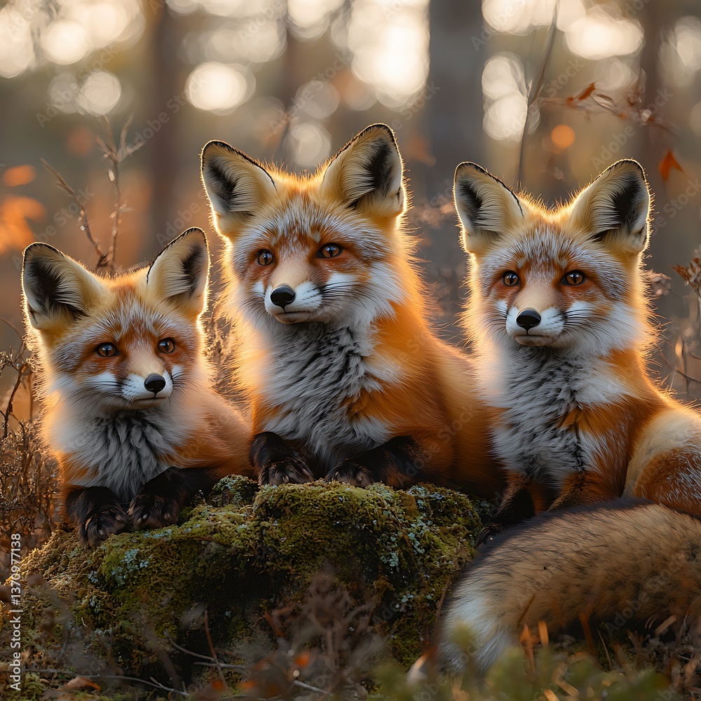 Fototapeta premium Cute fox trio enjoying nature high resolution picture