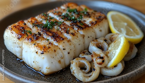 Deliciously cooked seafood dish presented on a rustic colored plate
