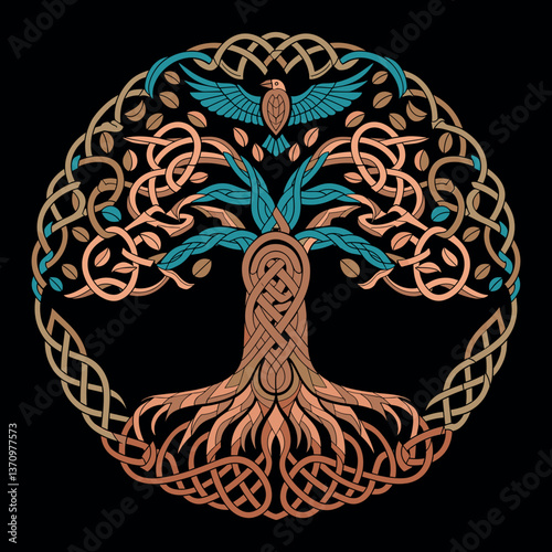 Celtic knot Yggdrasil tree with roots vector, tree of life silhouette, round shape, decorative magical symbol of rebirth, isolated on white background, vector illustration. 