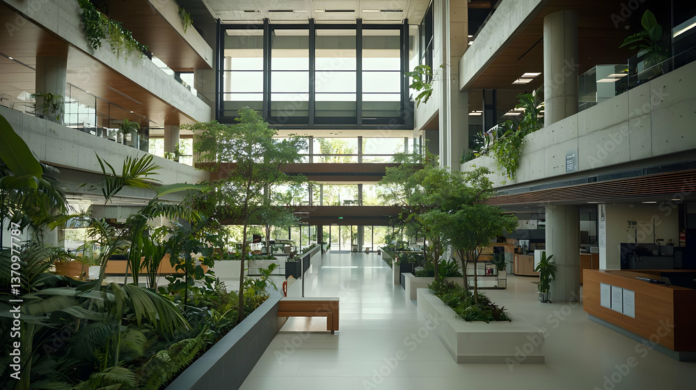 Naklejka premium Modern Open-Plan Office Lobby With Lush Greenery