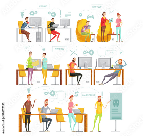 Colored flat game development composition set with designers developers who are working vector illustration