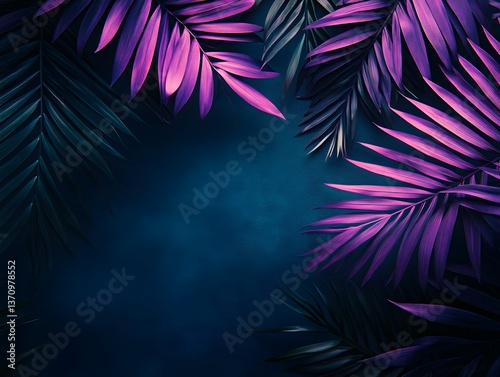 Vibrant Purple Palm Leaves on Dark Blue Background Tropical Floral Design