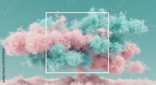 Dreamlike Pastel Pink and Teal Cloudscape with White Frame Abstract Background Texture