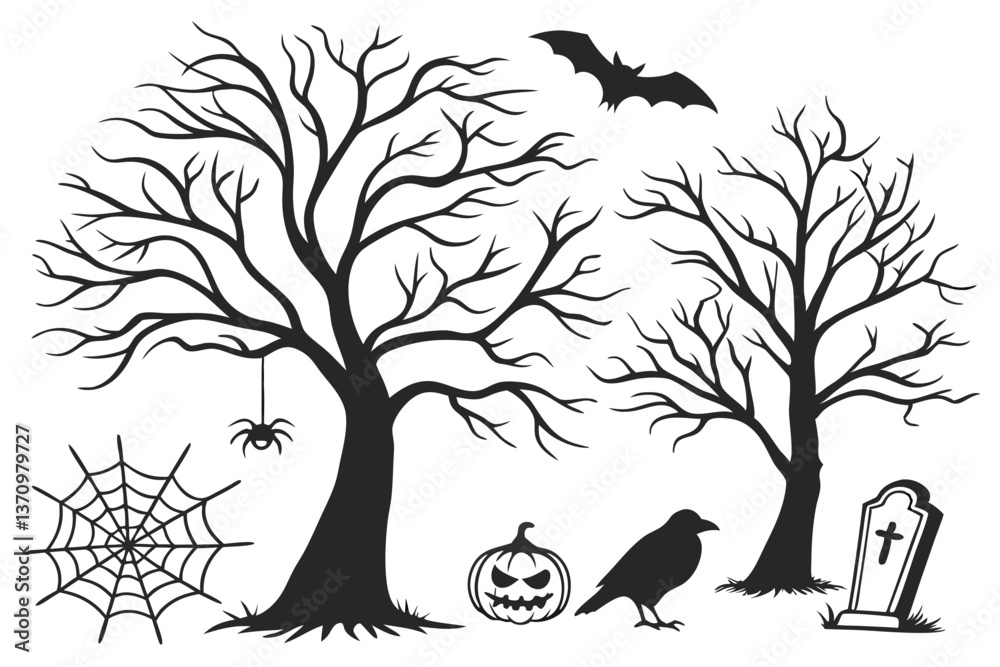51 Spooky Halloween silhouettes, creepy trees with faces, spider webs, bats, pumpkins, black cat, crow, eerie candle, haunted forest elements, stark black and white contrast, vector graphic style, Hal