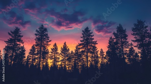 Sunset silhouette of treetops forest landscape high fidelity image natural environment dramatic viewpoint