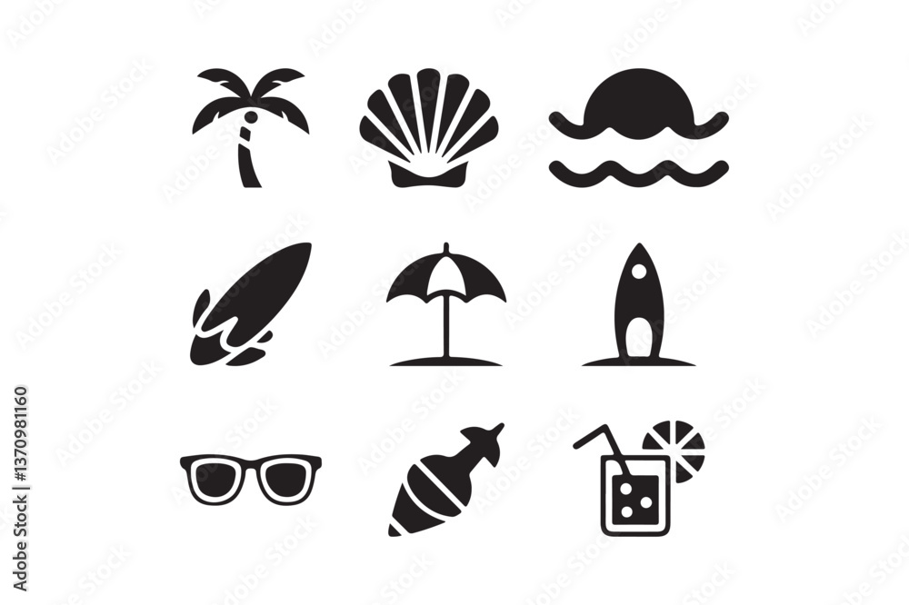 Beach-Themed Icons Palm Trees, Waves, and Summer Essentials Beach-Themed Icons Palm Trees, Waves, and Summer Essentials
