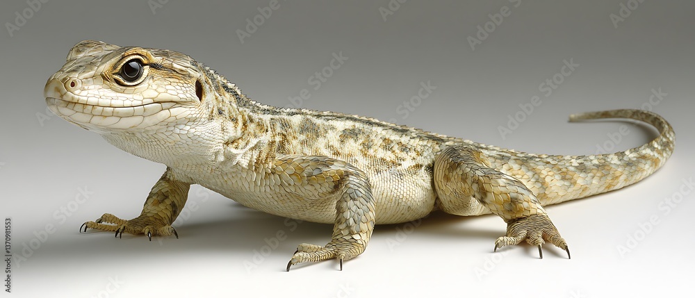Naklejka premium A mesmerizing frill-necked lizard stands on a seamless white floor, lit from all angles to kill shadows. High contrast underscores the extended neck frill, patterned in earthy tones. Centered