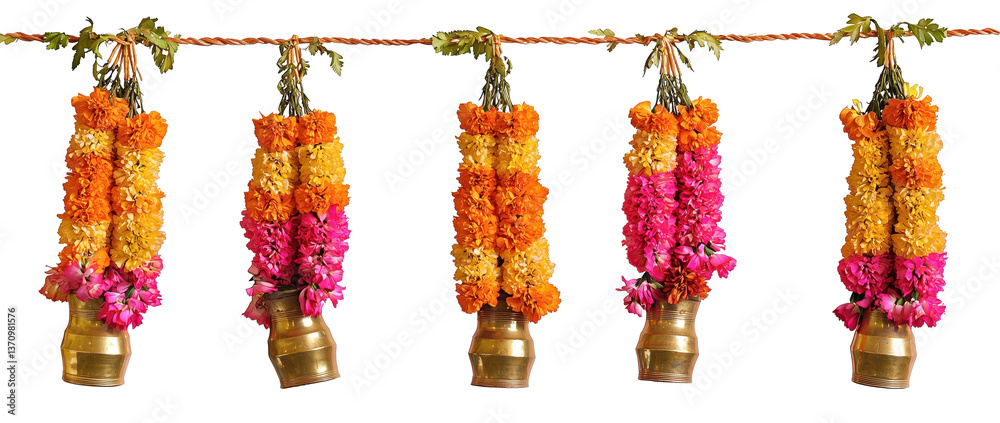 Fototapeta premium Floral Garlands in Full Bloom: Vibrant garlands of colorful flowers, artfully arranged and suspended, creating a captivating visual symphony of natural beauty.