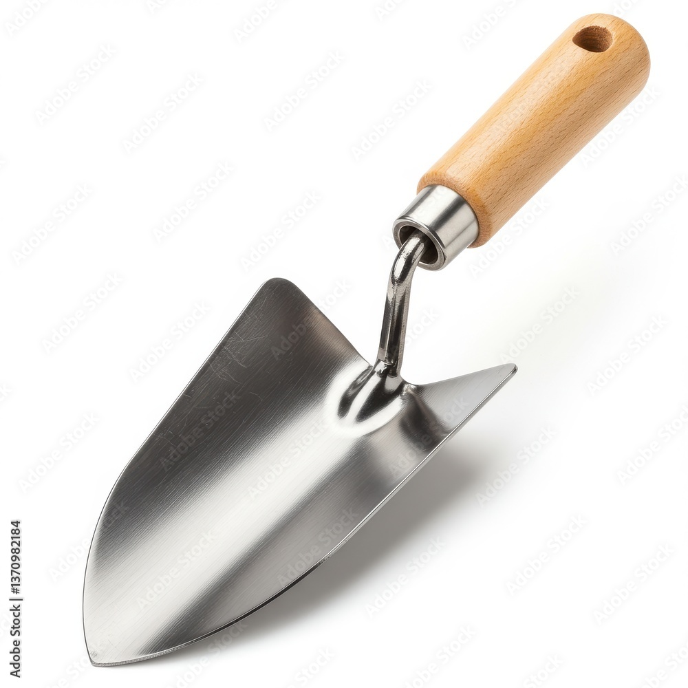 Isolated image of a trowel with a wooden handle and a shiny metal blade on a white background view Isolated image of a trowel with a wooden handle and a shiny metal blade on a white background view