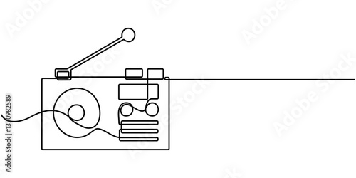 Radio. Icon with reflection on white background, Continuous one line drawing a vintage radio with a telescopic antenna sits on table. The versatility and adaptability of radio. Timeless. World Radio. 