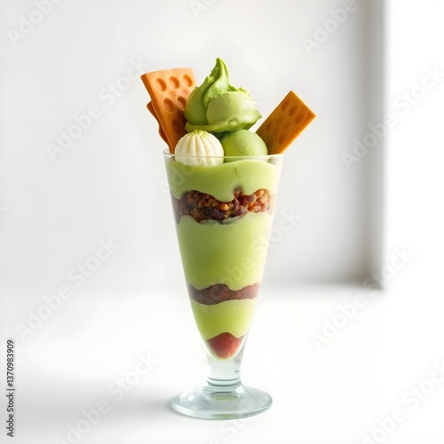 A traditional Japanese matcha parfait layered with green tea ice cream, mochi, red bean paste, and crispy wafers, served in a tall glass