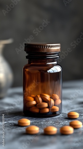 Brown pill bottle sits on a textured surface surrounded by scattered tablets, highlighting the disarray of chaos and disorganization